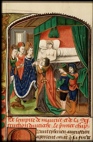 The coronation of Emperor Mauritius on the deathbed of Emperor Tiberius II