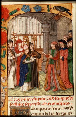 Archbishop Frederick of Cologne presents Lotharius II the imperial crown
