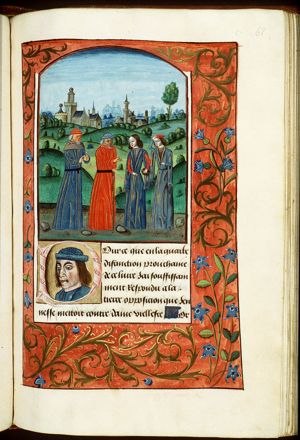 Cicero and Cato Maior disputing with Scipio Minor and Caius Laelius on old age