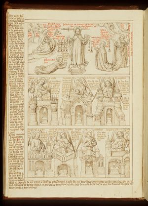 The Evangelist St. John on Patmos; Christ between seven candlesticks appears to St. John, who falls to the ground: a sword is behind Christ's head and he holds seven stars and two keys in his hands; St. John adores Christ; An angel sent by Christ appears to St. John (1st of 3)