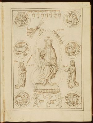 Throne of God: Christ enthroned, surrounded by the four Beasts, the Lamb and the lion of Judah, St. John and an elder, the souls of three innocents, seven lamps as the seven spirits of God, thunderbolts and voices