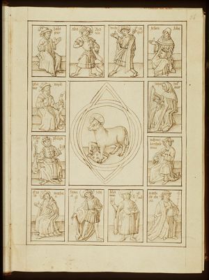 The Lamb and the book with the seven seals surrounded by twelve apostles (the word 'Moyse' is written above St. Thomas, who is holding one of his attribute: the girdle)