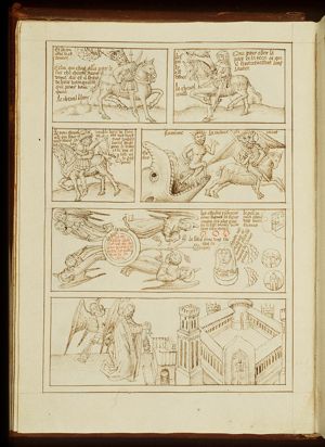 First seal: the hand of God(?) crowning the man on the white horse with bow and arrow (1st of 6)