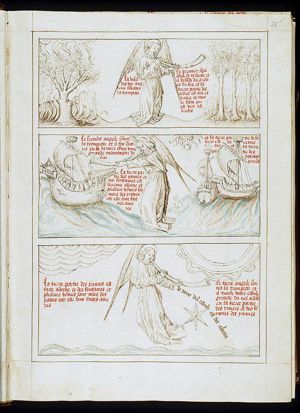 The first angel sounds: hail and fire mixed with blood are cast upon the earth, burning the trees (1st of 3)