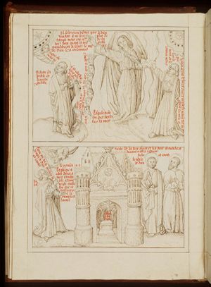 St. John and the angel with the little open book in his hands; a voice from heaven orders St. John to seal the words of the seven Thunders (represented as heads) (1st of 2)