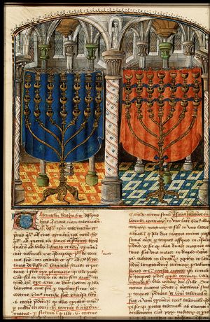 The veil of the Tabernacle and two seven-branched golden candlesticks