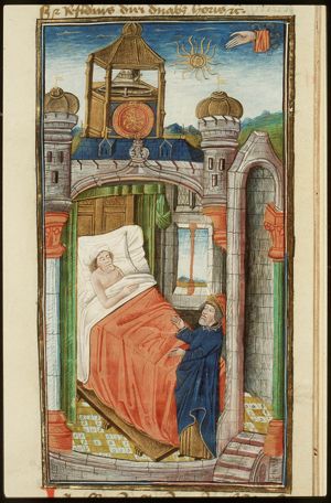Isaiah at the sickbed of Hezekiah, who asks for a sign that God will heal him