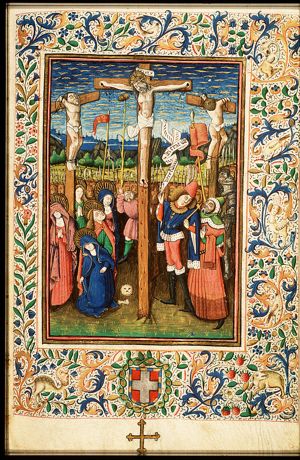 The Crucifixion, with Mary, St. John, St. Mary Magdalene, the two malefactors, Stephaton offering Christ vinegar on a sponge attached to a pole, the confessing centurion and a crowd of soldiers