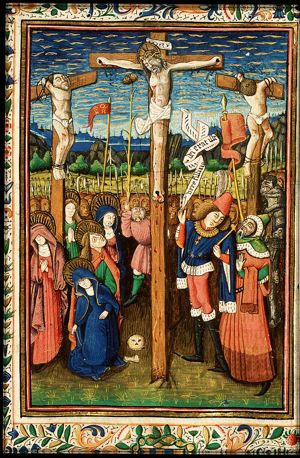 The Crucifixion, with Mary, St. John, St. Mary Magdalene, the two malefactors, Stephaton offering Christ vinegar on a sponge attached to a pole, the confessing centurion and a crowd of soldiers