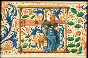 Mary weaving the veil of the Tabernacle