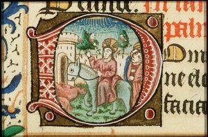 The Entry into Jerusalem: Christ enters the city-gate on an ass