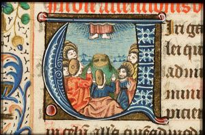 The Ascension: Christ ascends into heaven above Mary and the apostles, leaving his footprints on the Mount of Olives