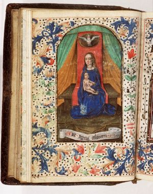 Madonna: Mary enthroned, holding the Christ-child, with the Holy Spirit as a dove