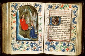 The coronation of Mary by an angel before the Holy Trinity in heaven: God the Father and Christ enthroned, the Holy Spirit as a dove