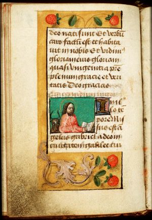 The Evangelist St. Luke reading, with his symbol the ox