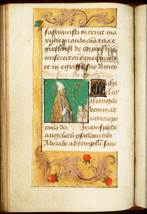 St. Nicholas, Bishop of Myra, holding a staff and with two children