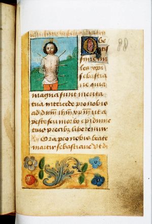 The martyrdom of St. Sebastian: tied to a tree, he is pierced by arrows