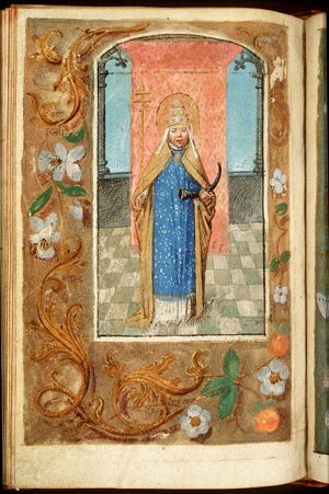 St. Cornelius, Bishop of Rome, holding a cross-staff and a hunting horn
