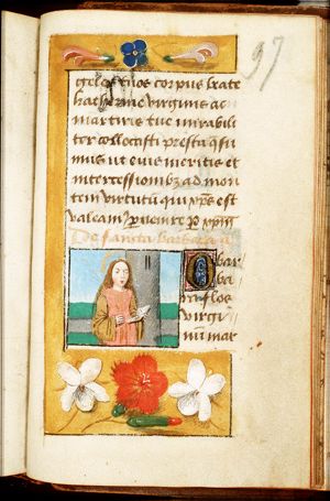 St. Barbara holding a palm and a book, a tower beside her