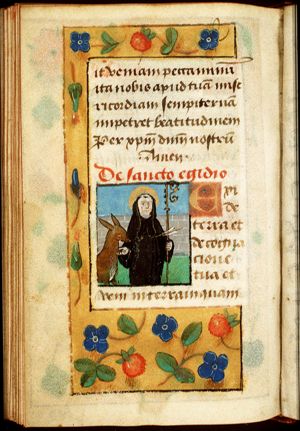 St. Aegidius (Giles) holding a staff, with an arrow in his breast, a hind beside him