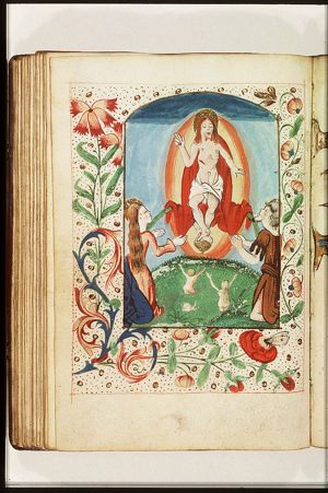 The Last Judgement: Christ on a rainbow raises the dead in the presence of Mary and St. John the Baptist