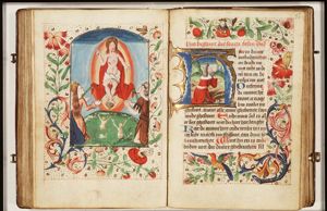 The Last Judgement: Christ on a rainbow raises the dead in the presence of Mary and St. John the Baptist