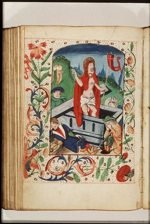 The Resurrection: Christ stands in the tomb, with sleeping soldiers; the three Maries on their way to the tomb (background)