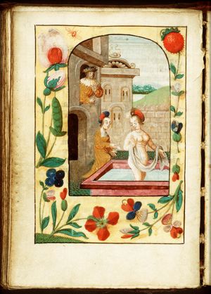 David sees Bathsheba bathing from a window of his palace