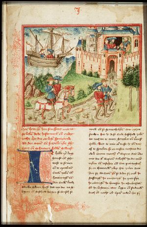 Jean Froissart and Espaing de Lyon on their way; Gaston Phébus receiving them