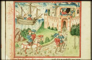 Jean Froissart and Espaing de Lyon on their way; Gaston Phébus receiving them