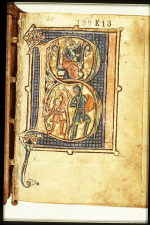David playing the harp; David and Goliath: David kills Goliath with a stone from his sling