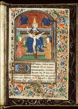 The Trinity: God the Father holding the crucifix (Mercy-Seat), with four angels