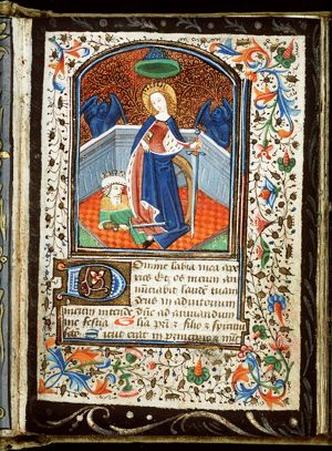 St. Catherine of Alexandria holding a sword, with Emperor Maxentius and a wheel at her feet, and with two angels