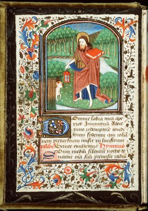 St. John the Baptist holding a lantern and a book, with the Lamb of God (Agnus Dei)