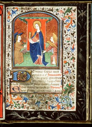 St. Mary Magdalene holding a jar of ointment and a palm, with two angels