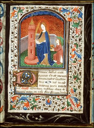 St. Barbara holding a palm, a tower beside her, with an angel