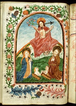 The Last Judgement: Christ on a rainbow raises the dead in the presence of Mary and St. John the Baptist