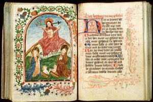 The Last Judgement: Christ on a rainbow raises the dead in the presence of Mary and St. John the Baptist