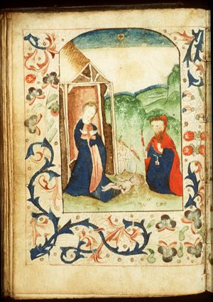 The Nativity: the adoration of the Christ-child by Mary and St. Joseph, who is holding a candle