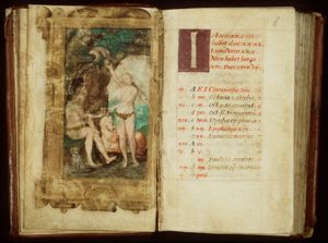 Temptation and Fall: Eve takes the fruit from the serpent in the presence of Adam