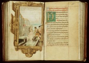David sees Bathsheba bathing from a balcony of his palace