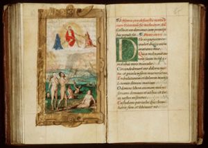 The Last Judgement: Christ on a rainbow raises the dead in the presence of Mary and St. John the Baptist; the division of the blessed and the damned