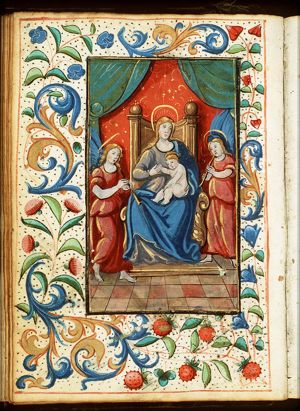 Madonna: Mary enthroned, holding the Christ-child, with two angels making music
