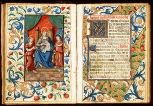 Madonna: Mary enthroned, holding the Christ-child, with two angels making music