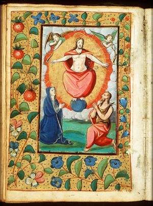 The Last Judgement: Christ on a rainbow in the presence of Mary and St. John the Baptist; trumpeting angels
