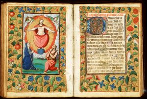 The Last Judgement: Christ on a rainbow in the presence of Mary and St. John the Baptist; trumpeting angels