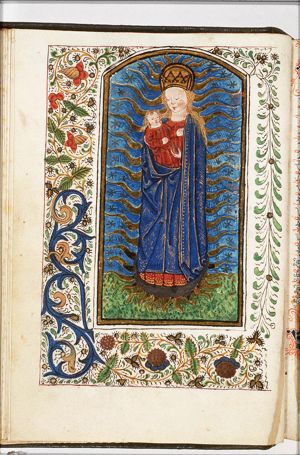 Madonna: Mary <standing> on the crescent, holding the Christ-child