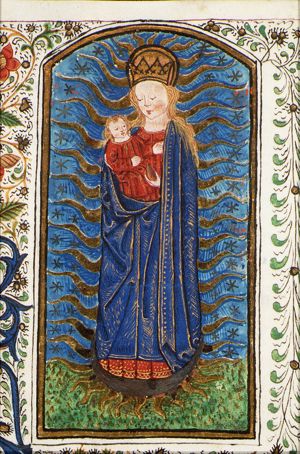 Madonna: Mary <standing> on the crescent, holding the Christ-child