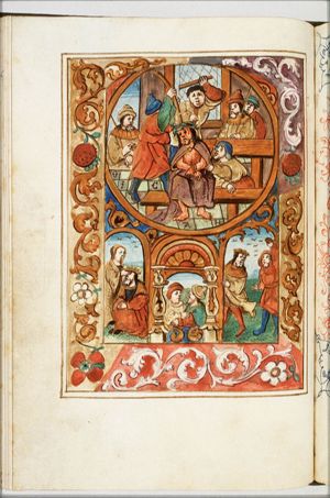 Typological juxtaposition: Christ is crowned with thorns; Apamene, King Darius' concubine, takes the crown off the king's head; unidentified scene of one man gripping the arm of another man (David's ambassadors mistreated by the Ammonites?); Shimei curses David and casts stones at him