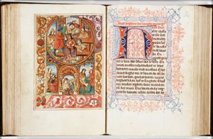Typological juxtaposition: Christ is crowned with thorns; Apamene, King Darius' concubine, takes the crown off the king's head; unidentified scene of one man gripping the arm of another man (David's ambassadors mistreated by the Ammonites?); Shimei curses David and casts stones at him